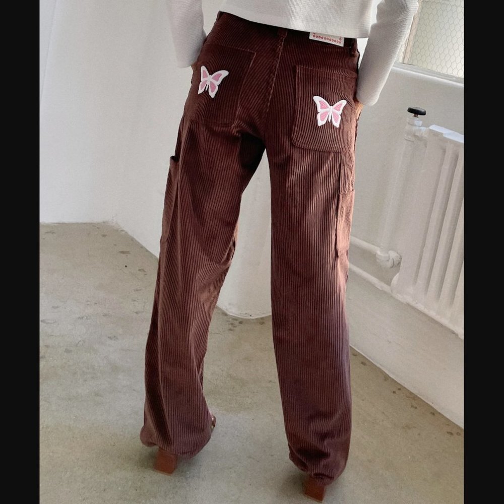 Lisa Says Gah Brown Corduroy Wide-Leg Pants with Butterfly Appliqués